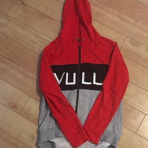 Red & Gray Colorblock Hooded Jacket with Graphic Panel